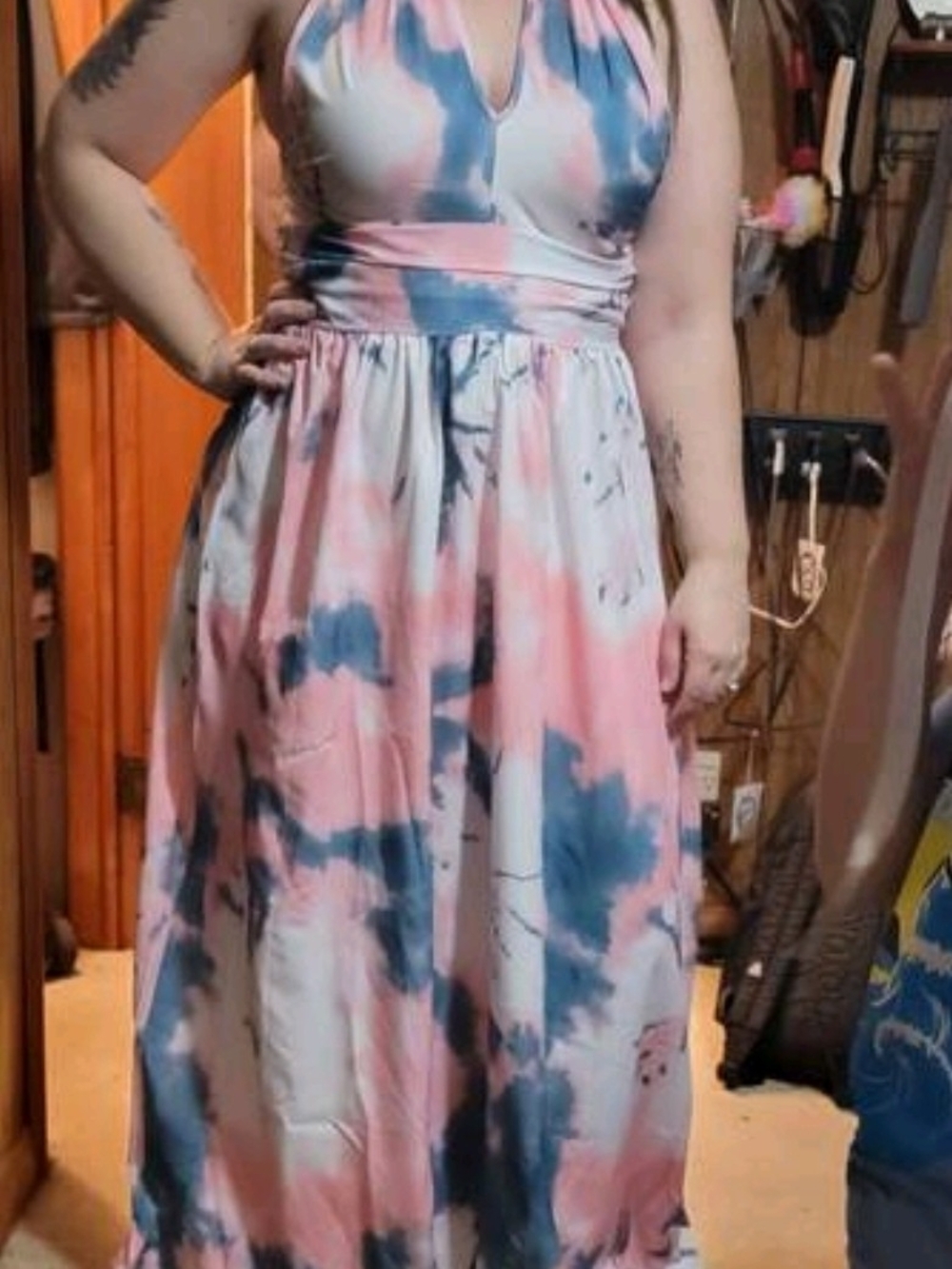 Women’s Pink & Blue Tie-Dye Halter Maxi Dress